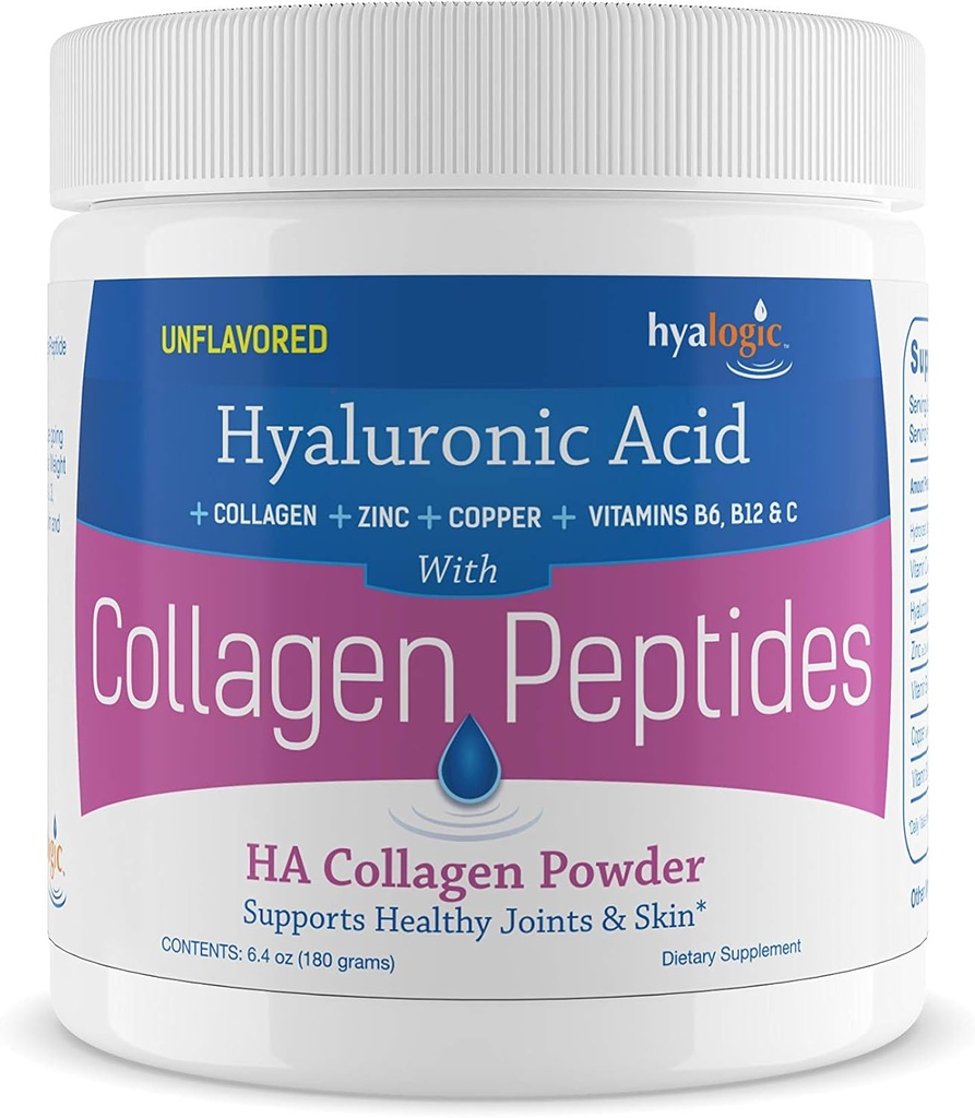 Hyalogisk kollagen peptider pulver w / Hyaluronsyre, hydrolyseret type 1 & 3, grass Fed, Keto protein pulver supplement til hårvækst, hud, negle, Joints Unflavored Easy to Mix 6,4 oz (180 gr.)