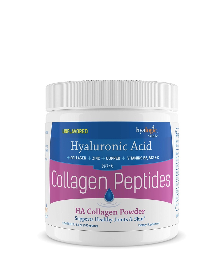 Hyalogisk kollagen peptider pulver w / Hyaluronsyre, hydrolyseret type 1 & 3, grass Fed, Keto protein pulver supplement til hårvækst, hud, negle, Joints Unflavored Easy to Mix 6,4 oz (180 gr.)