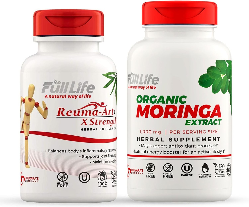 Full Life Reuma-Art X Styrke og Moringa Kapsler - Fælles Support - Moringa Oleifera Extract - Herbal, Kosher, Gluten- Free - Veggie Kapsler