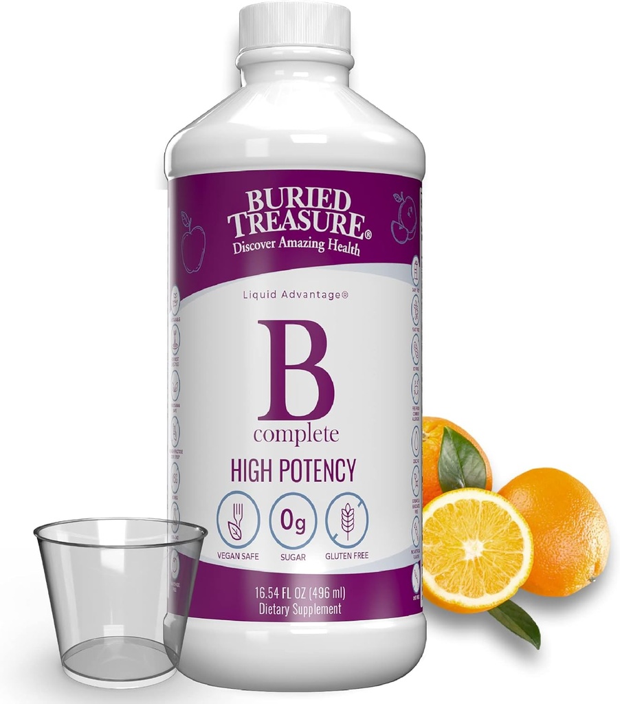 Begravet Treasure B Complete - Flydende vitamin B Kompleks med MethylCobalamin B12 & MethylFolate B9, Biotin, B1, B2, B3, B5, B6, Flydende & sukkerfri, Kvinder & Mænd, Dose Cup til måling