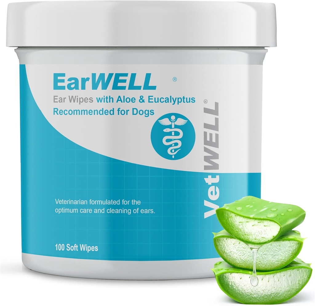 EarWELL by VetWELL Dog Ear Wipes - Otic Cleaning Wipes for Infektioner og Controlling Ear Odor in Kæledyr - 100 Count