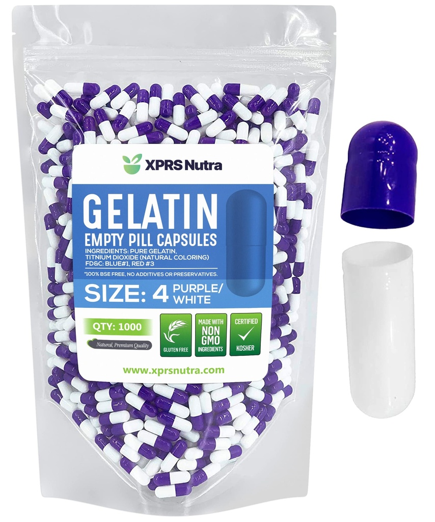 XPRS Nutra Størrelse 4 Tomme kapsler - 100 Tomme Tomme Gelatine kapsler - Piller selv Capsule Fyldning - Fyldelig Pure Bovin Pill Gel Caps til Do- It- Yourself Kosttilskud (lilla / hvid)