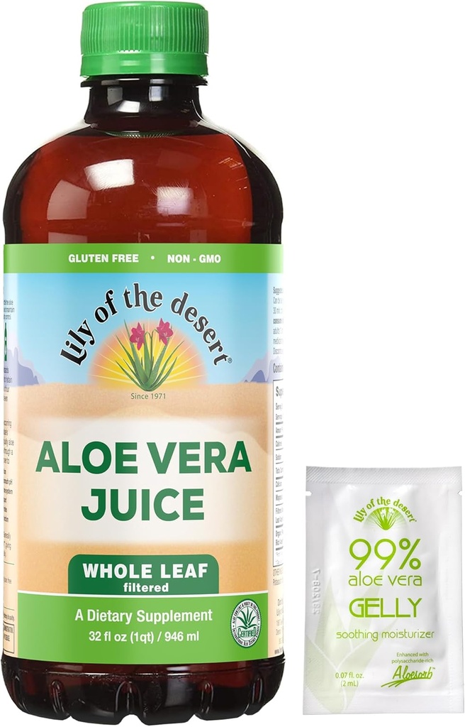 Lily af ørkenen Aloe Vera Juice - Whole Leaf Filtreret Aloe Vera Drink, Non- GMO Aloe Juice med naturlige fordøjelsesenzymer til Gut Health, Mave Relief, Wellness, glødende hud, 32 Fl Oz. Gelly Sachet inkluderet