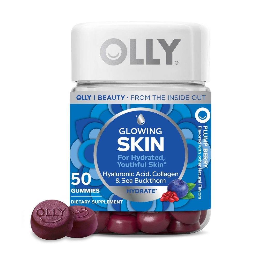 OLLY glødende hud vingummi, hydreret og ungdommelig hud, * Hyaluronsyre, collagen peptider, Sea Buckthorn, Plump Berry Flavor, 25 dages forsyning - 50 Greve