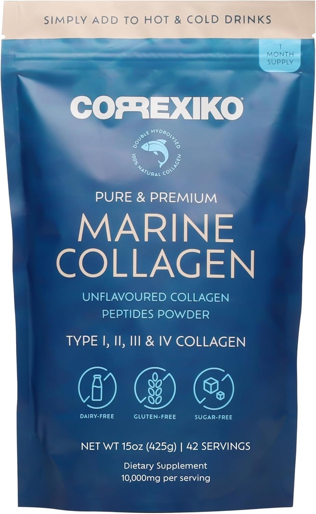 CORREXIKO Marine Collagen pulver supplement Unflavored - 10,000mg Dobbelt hydrolyseret collagen peptider per servering - Formuleret til maksimal absorption - hår, hud & negle - 15oz, 42 Servere