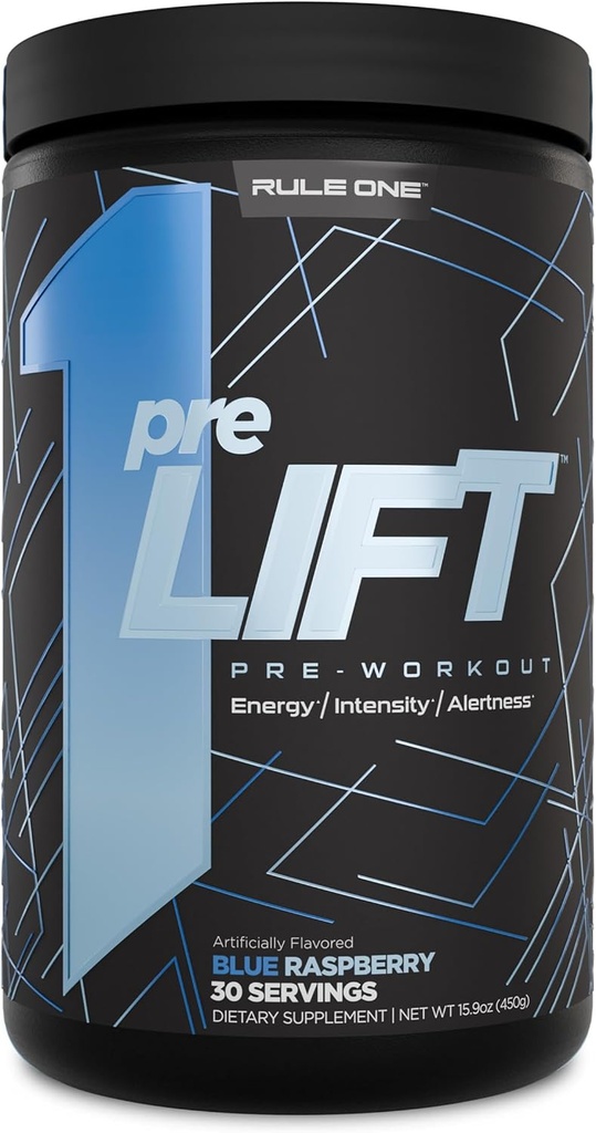 Rule 1 preLIFT Pre-Workout, 6g Citrulline, 3.2g Beta Alanine, 3 Caffeine Sources + 20 Others for Energy, Alertness, & Endurance (30 Servings, Blue Raspberry)