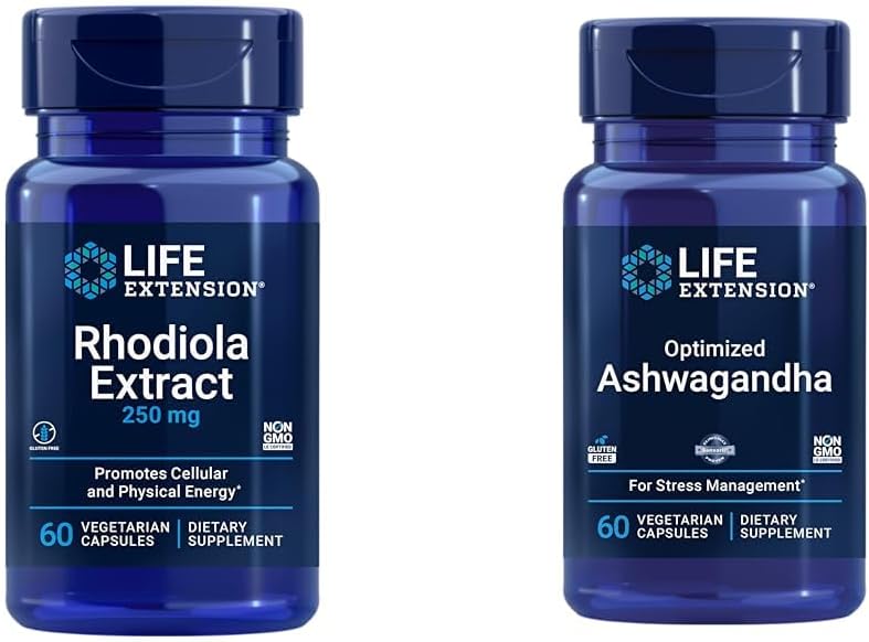Life Extension Rhodiola og Ashwagandha Extract Bundle, Rhodiola rosea og ashwagandha Kosttilskud, 60 Kapsler Hver