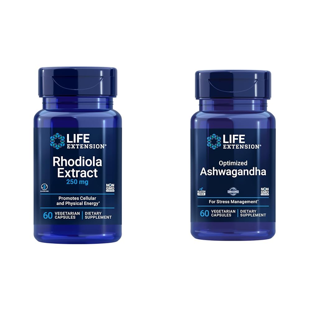 Life Extension Rhodiola og Ashwagandha Extract Bundle, Rhodiola rosea og ashwagandha Kosttilskud, 60 Kapsler Hver