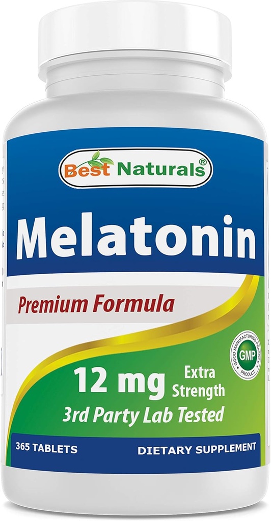 Bedste Naturals Melatonin 12 mg (1 års forsyning) - Drug- Free Nighttime Sleep Aid - Melatonin til søvn og afslapning, 365 Count (365 Count (pakke med 1))