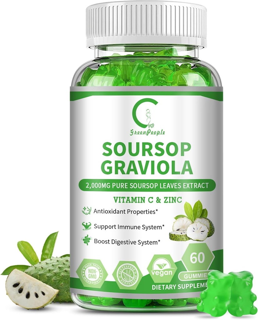 Soursop Graviola Gummies, Soursop Leaves Extract for Energy Boost, fordøjelsesfremmende & immunforsvar, Antioxidant egenskaber, Pure Soursop Fruit Gummies, Vegan, Non- GMO, 60 Counts