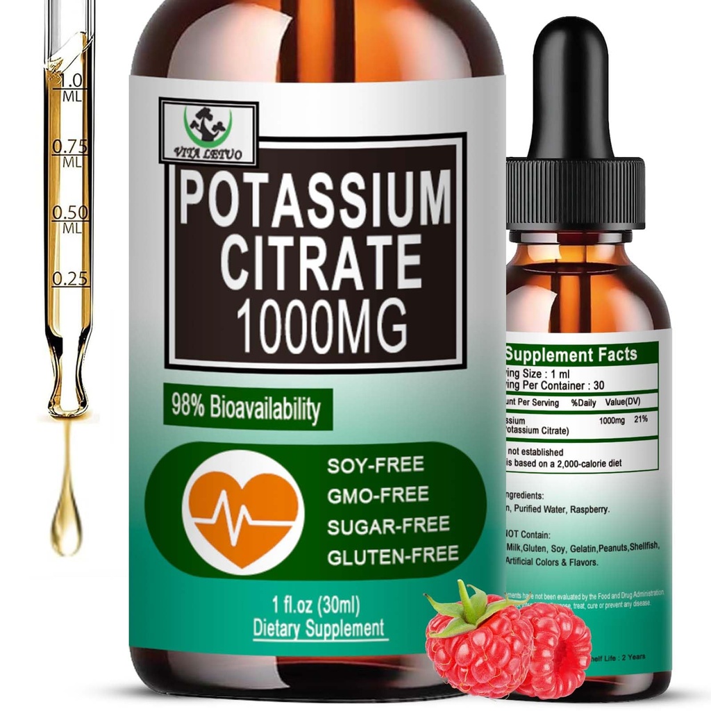 Kalium Citrate Liquid Drops, Kalium Supplement 1000mg Liquid Support Muscle Cramp Relief, Heart Health and Sleep, Meget Absorbable for voksne kvinder og mænd, Vegan, 30 Servering
