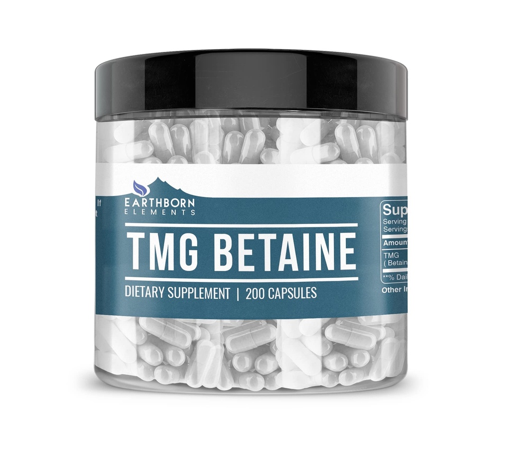 Earthborn Elements TMG Betaine Anhydrous Trimethylglycine 200 Capsules, Pure & Undiluted, No Additives