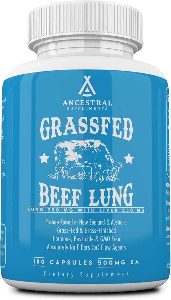 Ancestral Kosttilskud Græs Fed Beef Lung Supplement med lever, 500 mg, Lung og lever supplement Understøtter Lung, Luftveje, Vaskulære, og cirkulære sundhed, Non- GMO, 180 kapsler