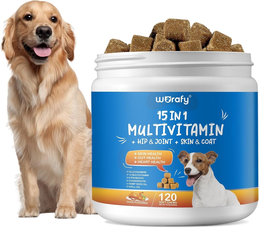 15-in-1 Hund Multivitamin Kosttilskud - Hund Multivitamin Chewable - Immunitet, fordøjelse, fælles og hjerte sundhed støtte til hud, Coat Heart, immunsystem - for alle aldre Alle racer (120 Tæller)