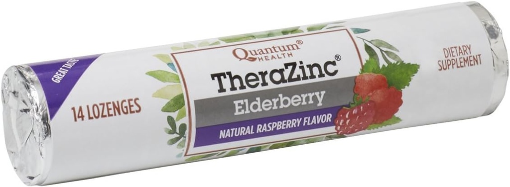 Quantum Health TheraZink Elderberry Roll, Hindbær Lozenges, Lavet med Zink Gluconate til immunforsvar, 14 Greve