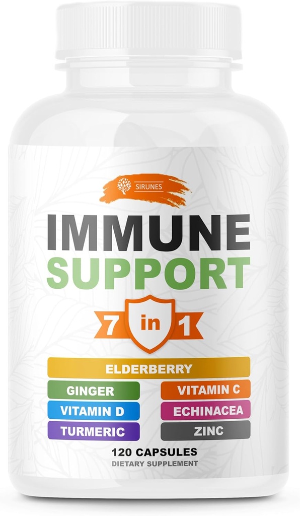 SIRUNES Immune Booster - Immunity Support Multivitamin - Vitamin C and D3, Elderberry, Zinc, Echinacea, Ginger, Turmeric - Antioxidant, Energy and Vigor, Brain Boost (Immune Support Capsules)