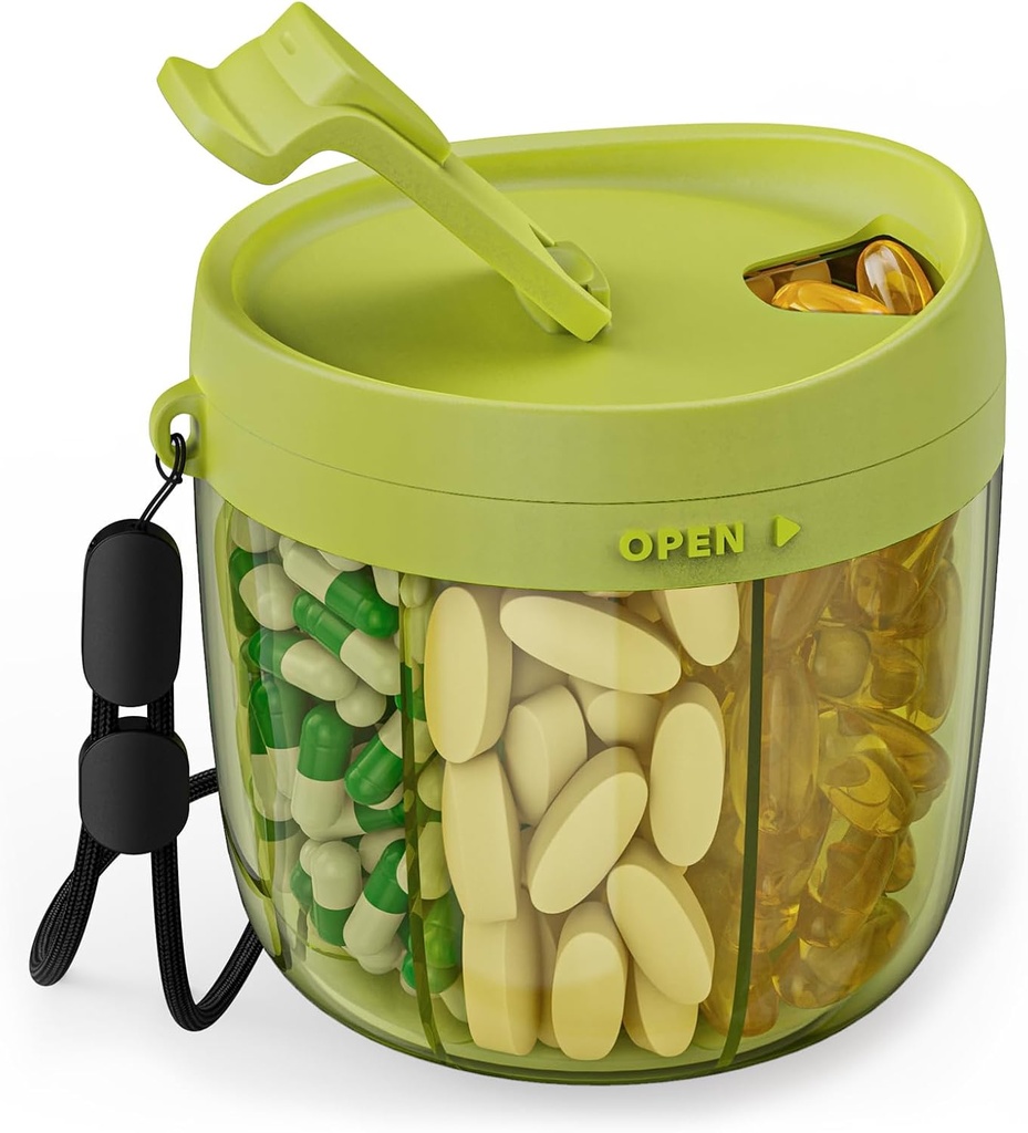 PULIV Portable Pill Dispenser Flaske, Vitamin Organizer med 7 kompartmenter, Holdes Masser af kosttilskud med Anti- Mixing & Wide Åbninger Design, Let at hente medicin, Inkluderer 20 Pcs Labels Green