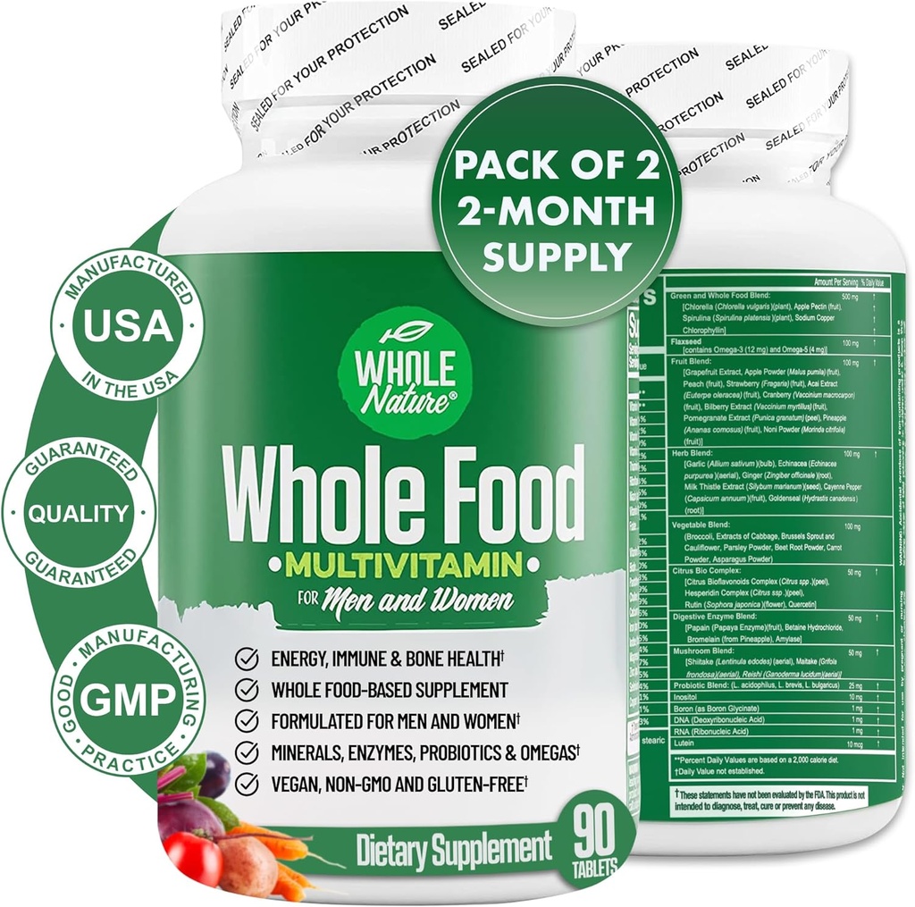 Hele mad Multivitamin til mænd og kvinder Komplet daglige superfood vitaminer plus mineraler fordøjelsesenzymer, probiotika og Omegas. Plantebaseret multivitamin, ikke-GMO (2)