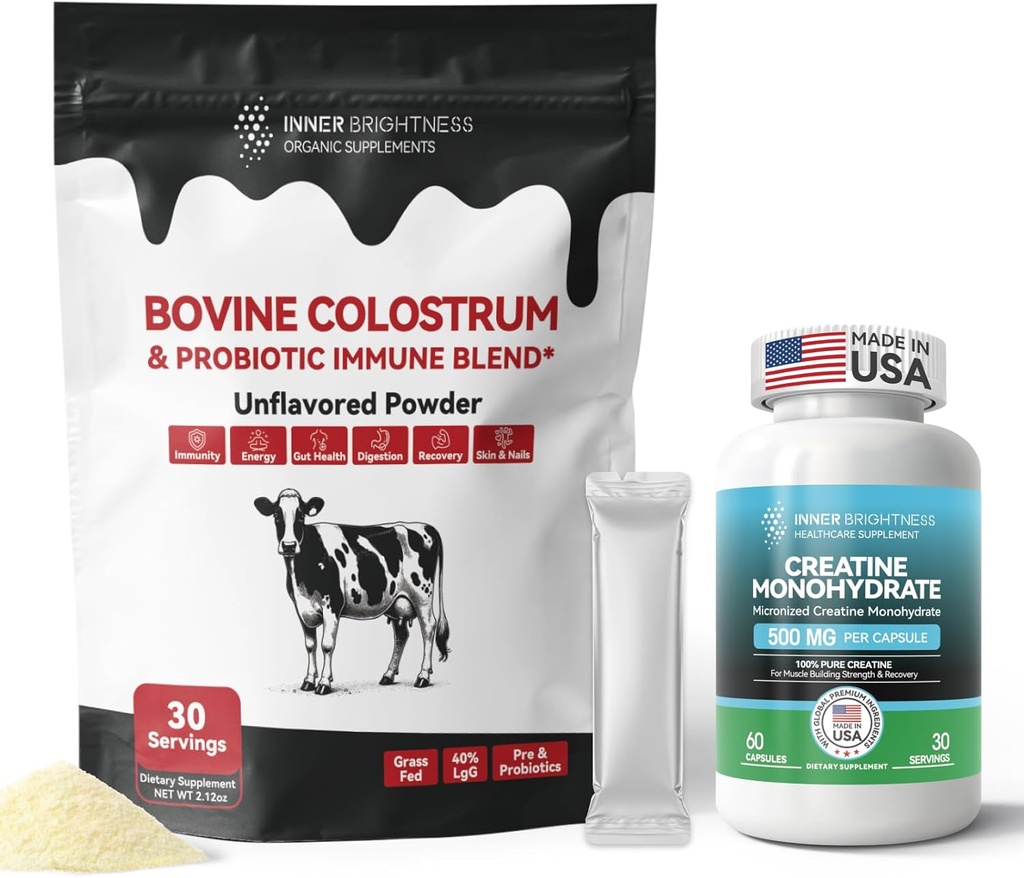 Colostrum Supplement Pulver til Gut, immunforsvar og næringsstof Absorption, 30 Servere + Creatin Monohydrat Kapsler til muskel Builder