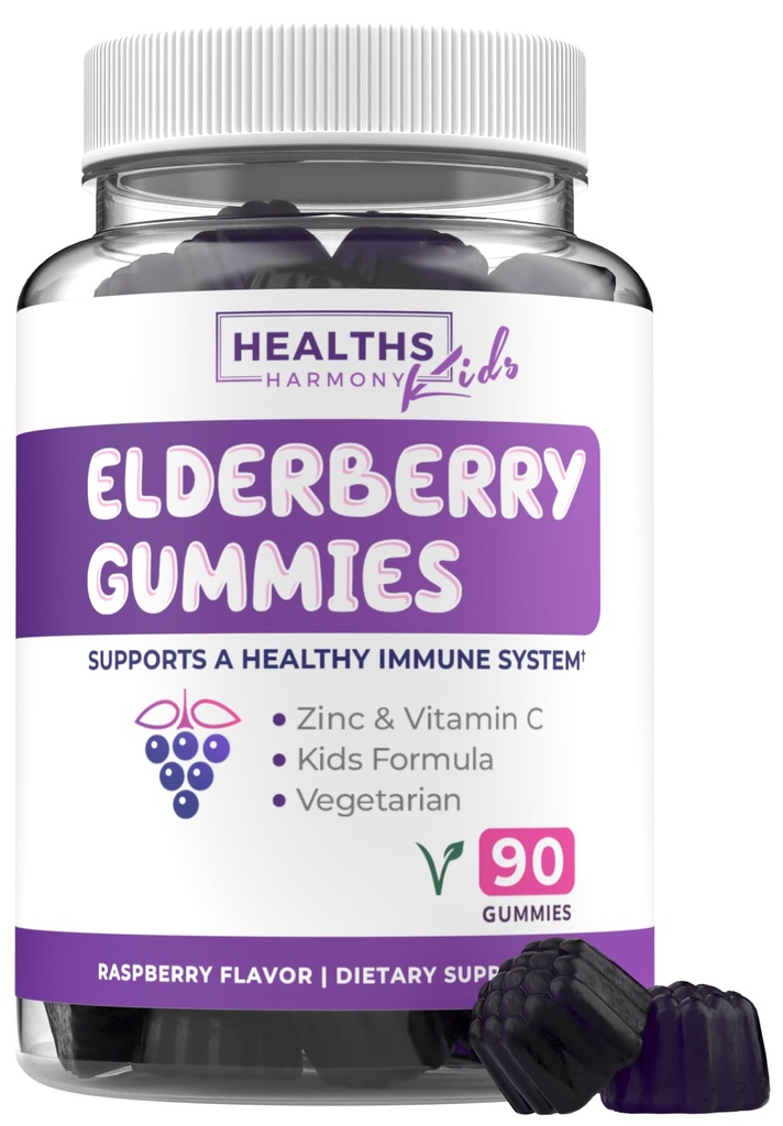 Sambucus Elderberry Gummies for Kids - Kids Immunsupport Gummies med Black Elderberry Vitamin C og Zink til daglig og sæsonbetinget Wellness - Vegan non-GMO & Lab Verified (3 Måneders Tilgang)