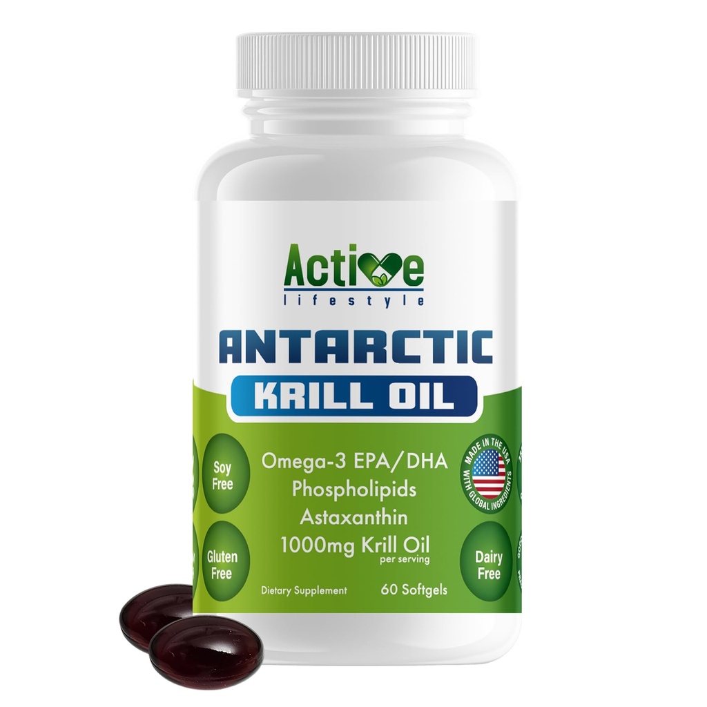 Active Lifestyle Antarctic Krill Oil Supplement, High Absorption EPA, DHA, Astaxanthin & Phospholipid, Red Krill, GMO Free, Gluten Free, Soy Free, Dairy Free, Lab Testet, Made in USA