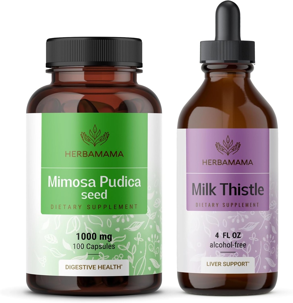 HERBAMAMA Mimosa Pudica og Milk Thistle Kit - Bundle of 1000 mg Mimosa Pudica Capsules & Milk Thistle Tincture 4 fl oz - Vegan, Non- GMO, Sugar & Alcohol- Free - 2 Pack