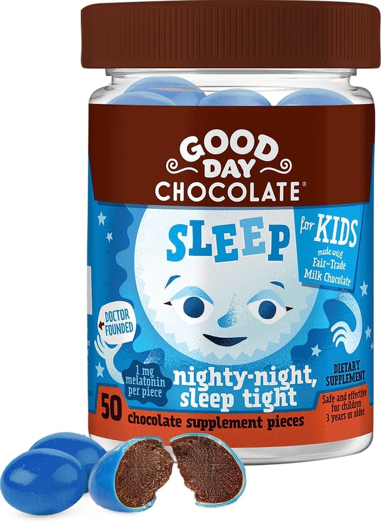 God dag Chokolade Melatonin til børn [50 Greve] - Fair Trade Non- GMO Chokolade med kamille og melatonin 1 mg - Toddler Melatonin, Kids Natural Sleep Aid for Age 3 and Up