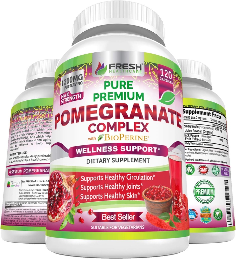 Premium Pomegranate Juice Powder Supplement 1200mg, understøtter sundt blodtryk, Joints, Hud & Anti Aging med Bioperine Black Pepper, kraftfuld antioxidant med C & K-vitamin, 120 Vegan kapsler