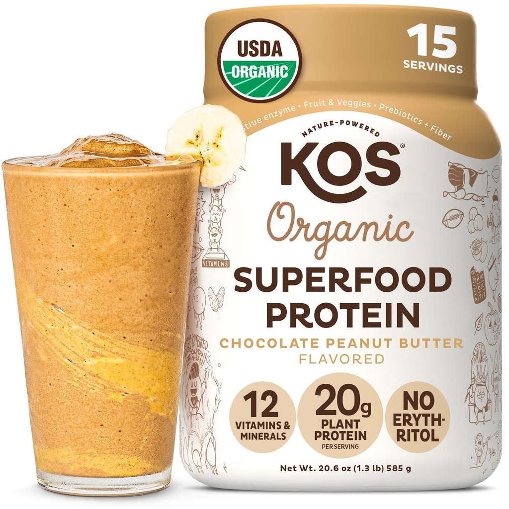 KOS Organic Plant Protein Powder, Chokolade Peanut Butter - Lækker Vegansk Protein Powder - Keto Friendly, Gluten Free, Dairy Free & Soy Free - 15 Servere