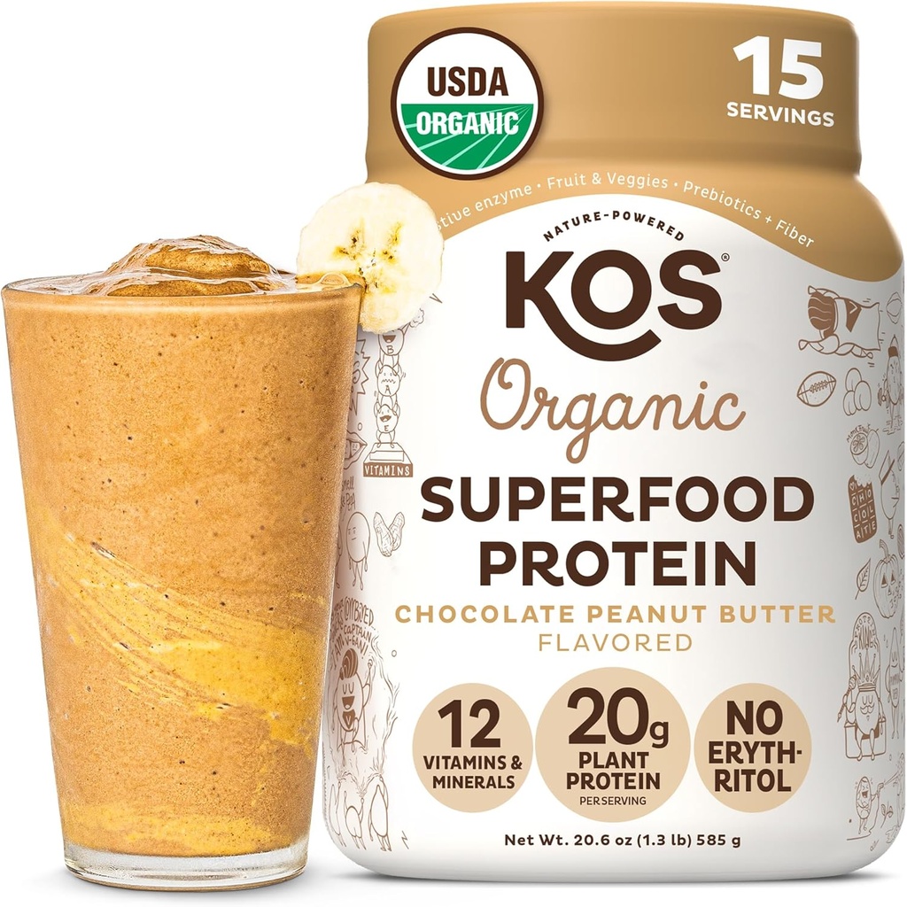 KOS Organic Plant Protein Powder, Chokolade Peanut Butter - Lækker Vegansk Protein Powder - Keto Friendly, Gluten Free, Dairy Free & Soy Free - 15 Servere