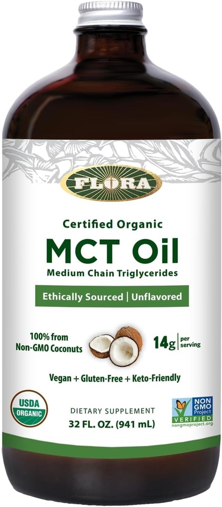 Flora - MCT Oil Certified Organic - Understøtter Muscle Energy & Brain Health - Indeholder C8 Capric Acid & C10 Capric - Non-GMO, Gluten- Free, Vegan & Keto- Friendly - 32 fl. oz. Glasflaske