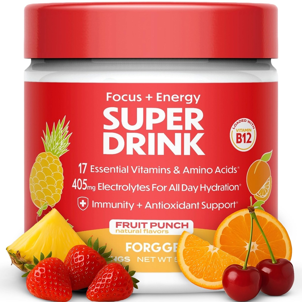 Forgge Sund energi drik pulver mix - ren koffein + B12, B6, C & D vitaminer - Sukker fri energi drikke pulver med elektrolyter, Aminosyrer, antioxidanter, Lions Mane - Vegan, Keto- Friendly - 30 SVG, Frugt Punch