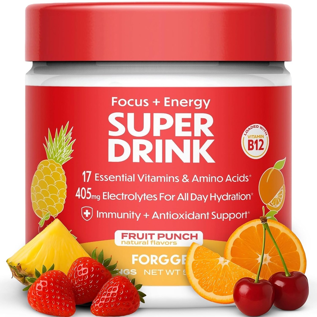 Forgge Sund energi drik pulver mix - ren koffein + B12, B6, C & D vitaminer - Sukker fri energi drikke pulver med elektrolyter, Aminosyrer, antioxidanter, Lions Mane - Vegan, Keto- Friendly - 30 SVG, Frugt Punch
