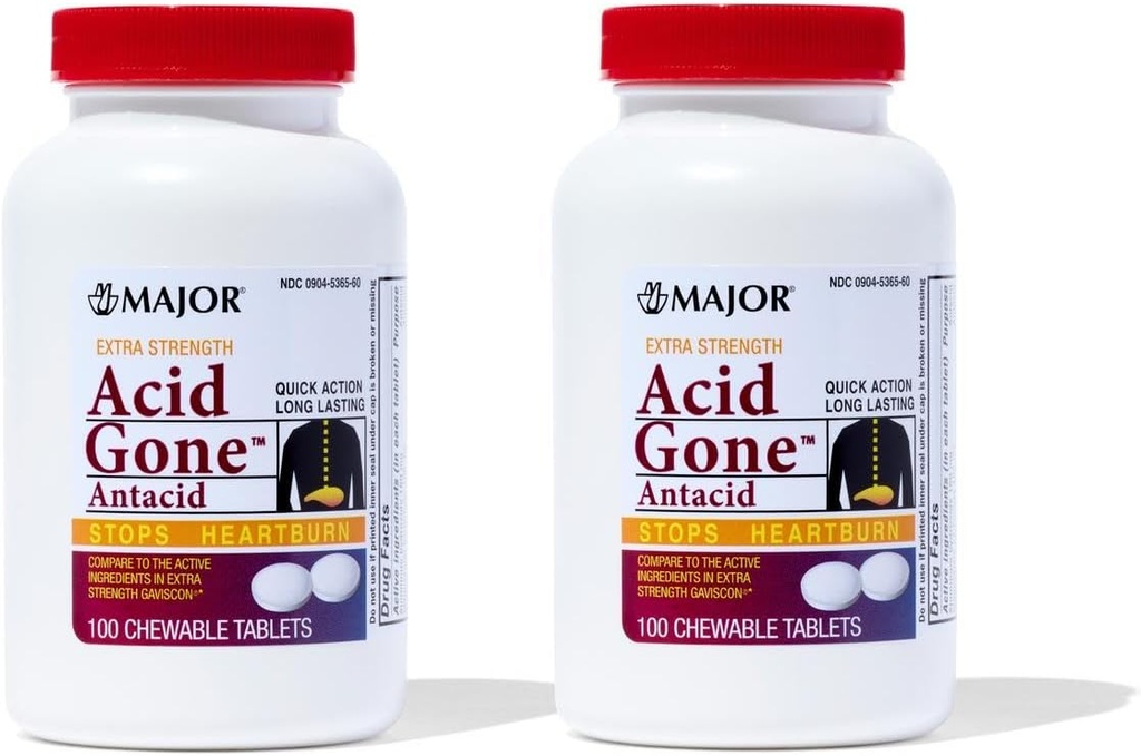 Større syre Gone Extra Strength Antacida Chewable Tablets - Anti- Acid Relief - Acid Reflux Medicin for voksne - Opsat Mave, Syre fordøjelsesbesvær, og Heartburn Relief - Long- Language - 100- Count (2 Pack)