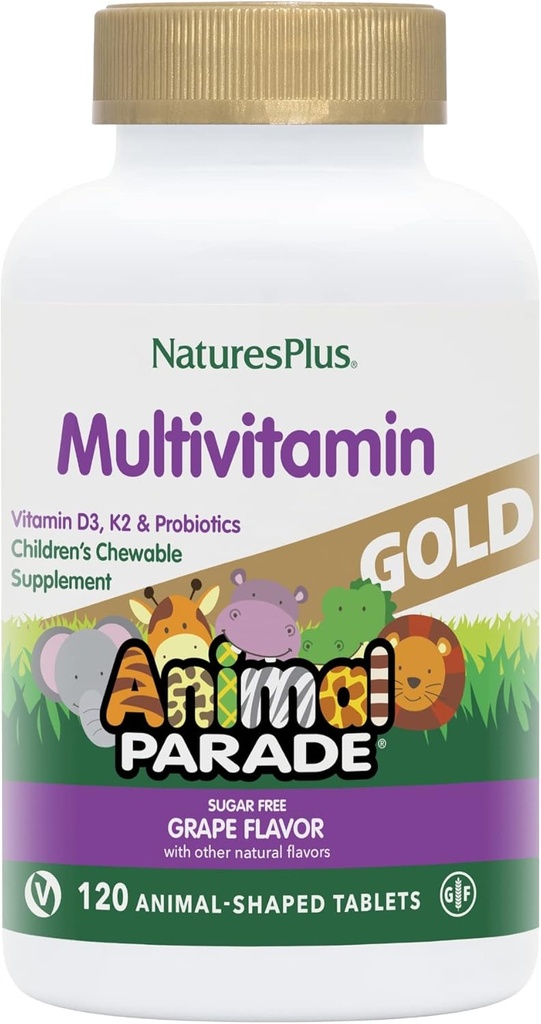 Natures Plus Animal Parade Gold Children 's Multivitamin, Grape Flavor - 120 tyggetabletter - Vegan, Gluten Free - 60 Servere