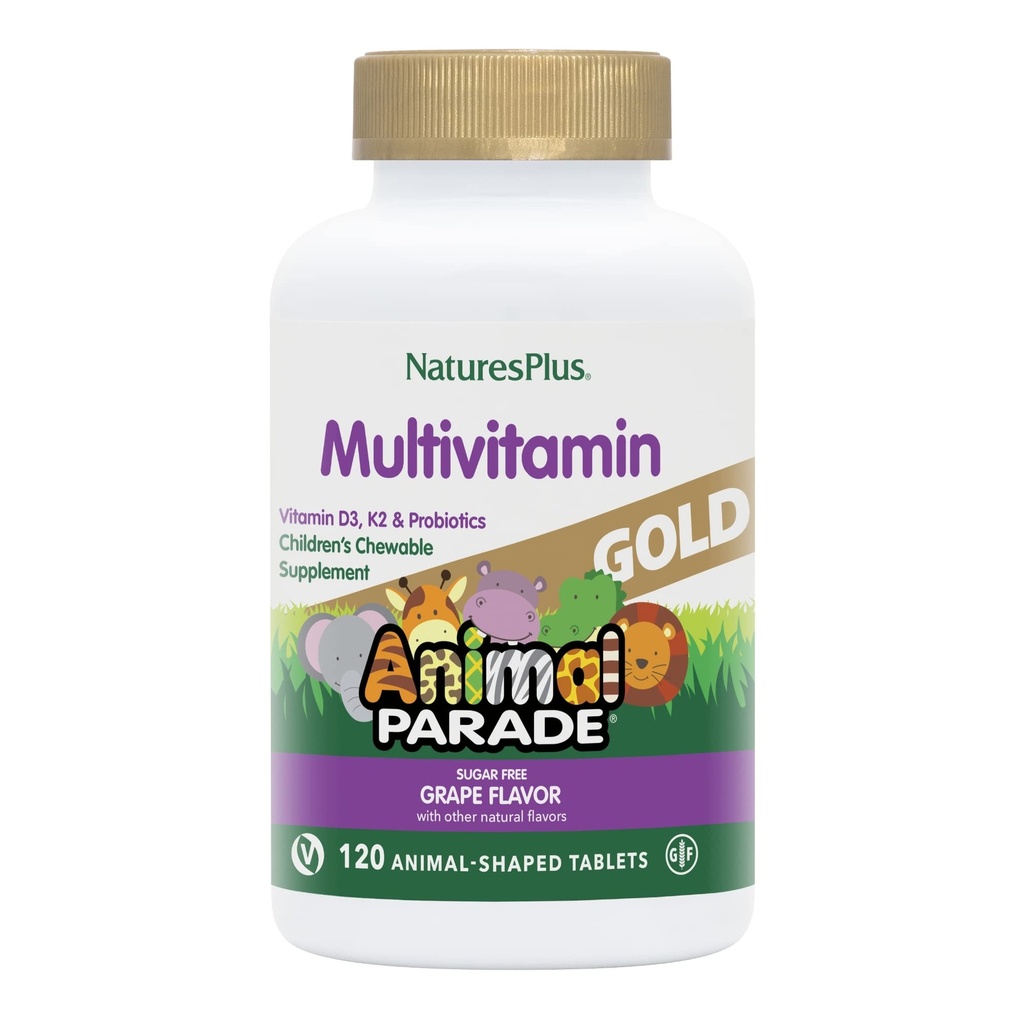 Natures Plus Animal Parade Gold Children 's Multivitamin, Grape Flavor - 120 tyggetabletter - Vegan, Gluten Free - 60 Servere