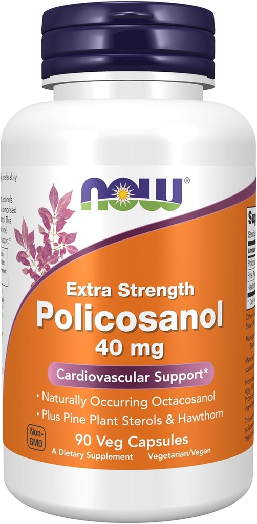 Now Foods Supplements, Policosanol 40mg med Pine Plant Steroler og Hawthorn, Ekstra Styrke, 90 Veg Kapsler