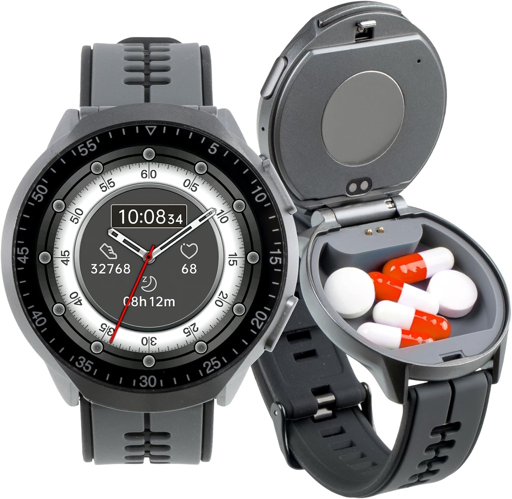 Smart Watch Pill Box, Fitness Smartwatch med Bluetooth Call for mænd, Vandresistent Pill Organizer til nødsituation, Pill Case for Emergency, Lille Pill Container til Vitamin, Fiskeolie