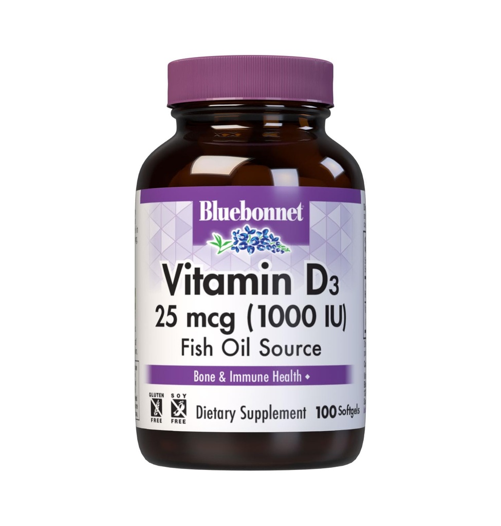 Bluebonnet Nutrition Vitamin D3 1000 IE Softgels, Aids in Muscle and Skeletal Growth, Cholecalciferol from Fish Oil, Non GMO, Gluten Free, Soy Free, Dairy Free, 100 Softgels