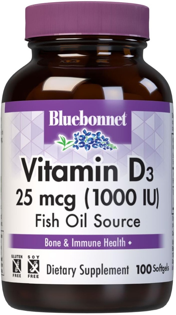 Bluebonnet Nutrition Vitamin D3 1000 IE Softgels, Aids in Muscle and Skeletal Growth, Cholecalciferol from Fish Oil, Non GMO, Gluten Free, Soy Free, Dairy Free, 100 Softgels
