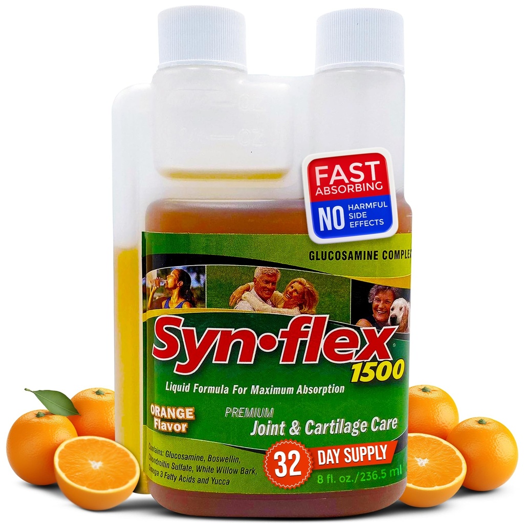 1500mg Flydende Glucosamin & Chondroitin - Høj koncentration Fast- Absorbing Formel Orange Flavor Hjælper Støtte Joint & Cartiage Sundhed - med hvid Willow Bark, Mangan & Boswellin (32 dages forsyning)