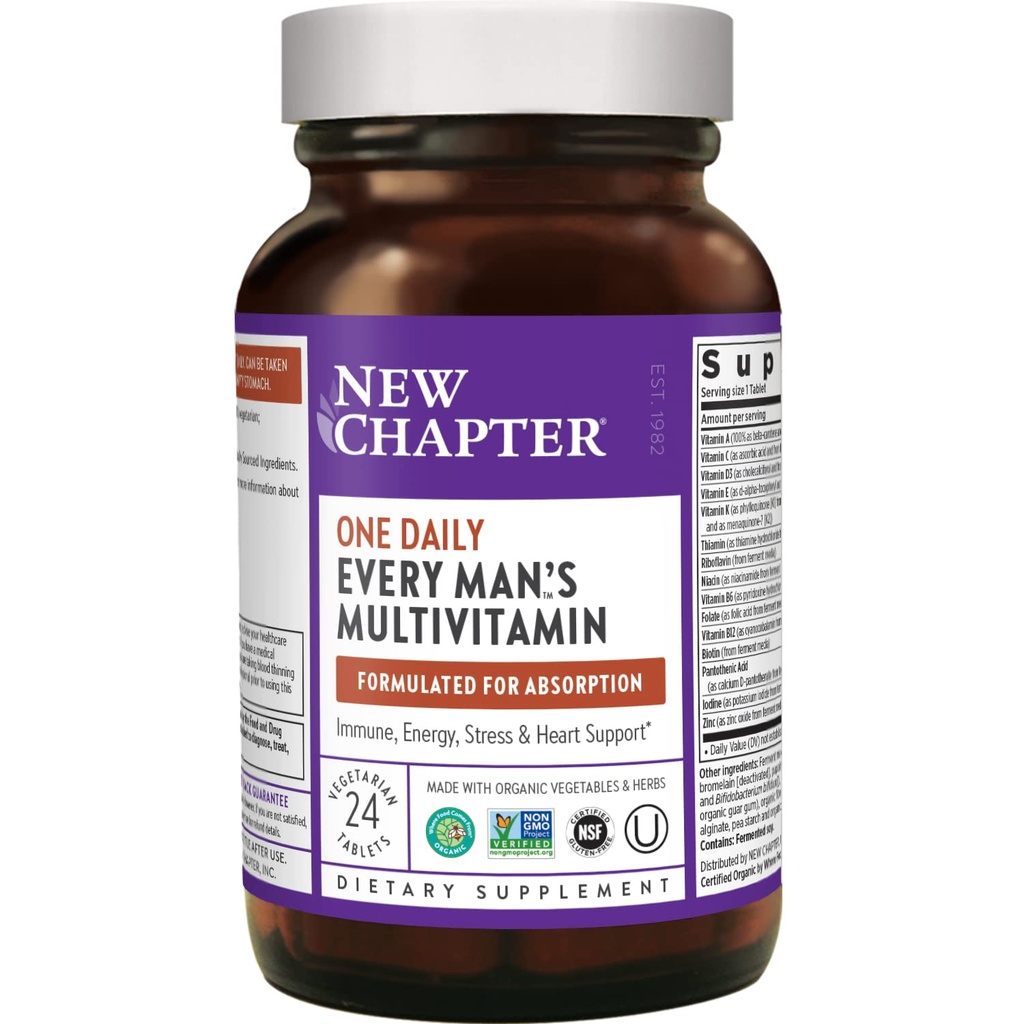 Nyt kapitel Mænds Multivitamin + immunforsvar, Energi & Stress Support - Every Man 's One Daily with Fermented Probiotics & Whole Foods + Vitamin D3 + Vitamin B6 & B12 + Organic Non- GMO Ingredients - 24 ct
