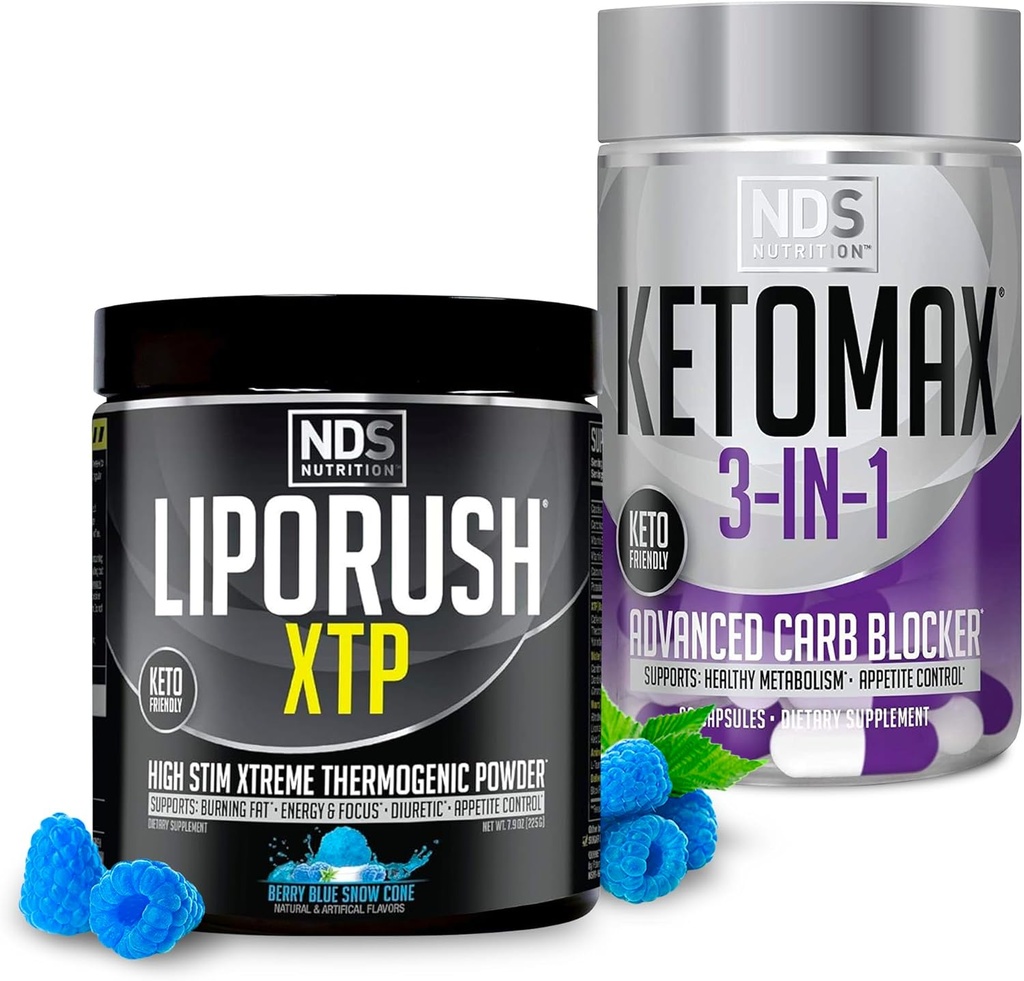 NDS Nutrition XTP Thermogen Blå Berry Snow Cone (45 Servere) og Keto- Max Advanced 3- in-1 Pills Carb Blocker Appetite Suppressant (90 kapsler)