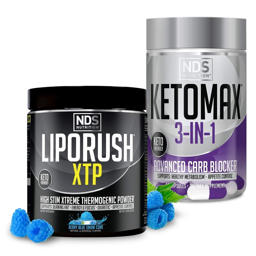 NDS Nutrition XTP Thermogen Blå Berry Snow Cone (45 Servere) og Keto- Max Advanced 3- in-1 Pills Carb Blocker Appetite Suppressant (90 kapsler)
