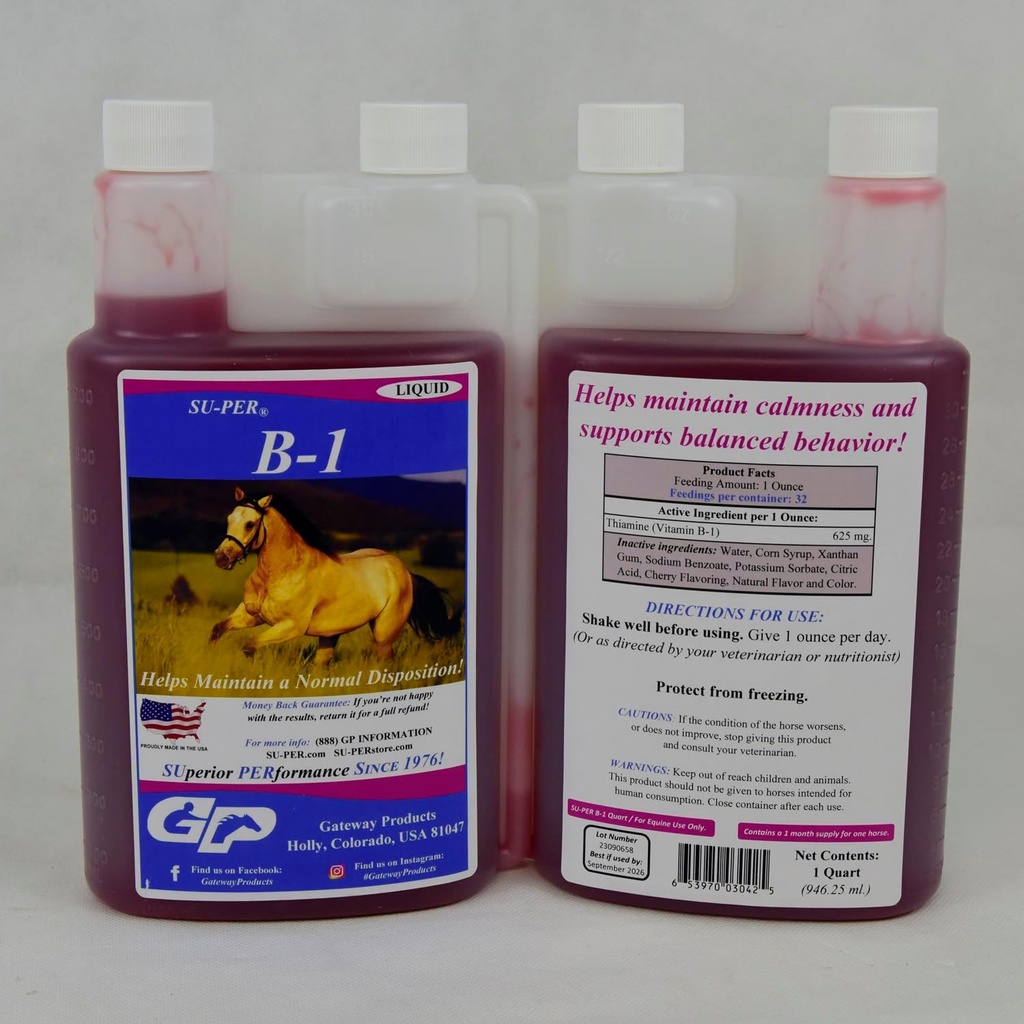 SU- PER B-1 Horse Calming Supplement - Equine Vitamin B-1 Support Horse Calmer Liquid - Appetite Booster Supplement til heste - 1 Quart, (2 Pack)