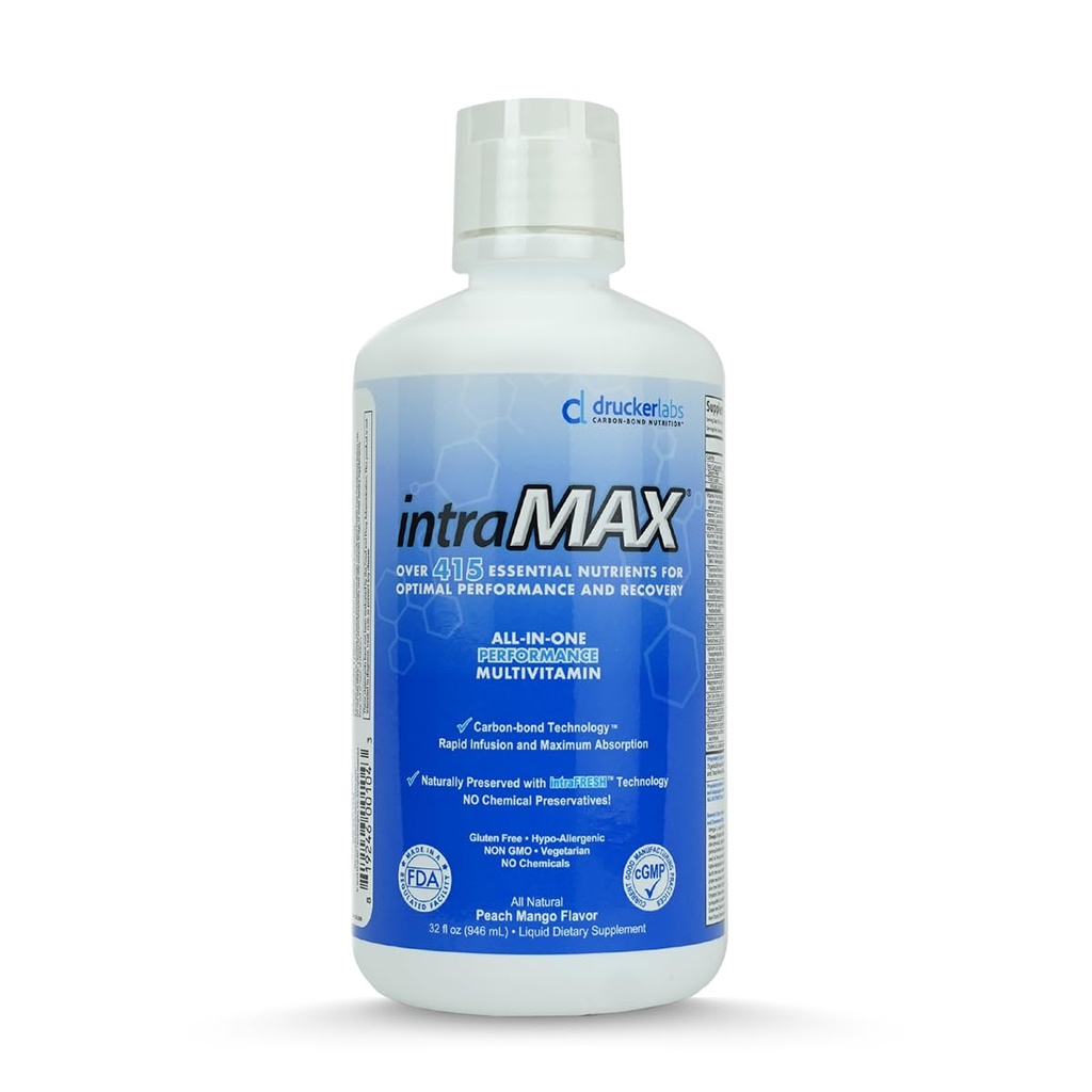 IntraMAX Organic Liquid Multivitamin, Non GMO, Dairy Free, Gluten Free, Magnesium, D-vitamin, C og E, Zink (32 oz., Peach Mango)