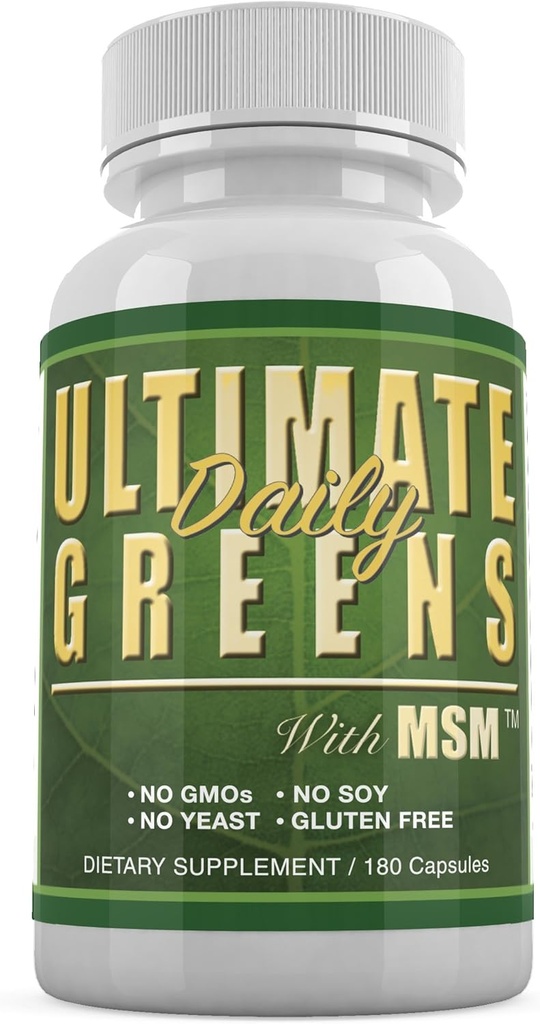 Daglig sundhed, Ultimate Green med MSM 1925mg Vegan Friendly Natural Ingredients Superfood Vegetabilske Nutritional Alkalisering immunenergi Support 180 Kapsler (1 måned Tilgang)