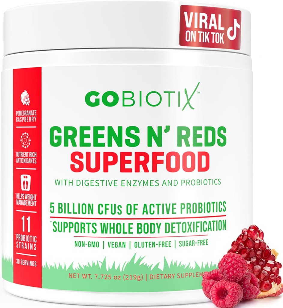 GOBIOTIX Super Green and Red Powder - Rød og grøn superfood - Probiotisk supplement - fordøjelige enzymer og root pulver - Organic Whole Foods Kosttilskud (Pom Raspberry, 1 Pack)