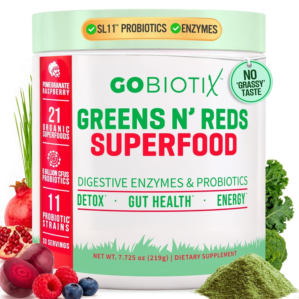 GOBIOTIX Super Green and Red Powder - Rød og grøn superfood - Probiotisk supplement - fordøjelige enzymer og root pulver - Organic Whole Foods Kosttilskud (Pom Raspberry, 1 Pack)