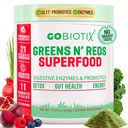 GOBIOTIX Super Green and Red Powder - Rød og grøn superfood - Probiotisk supplement - fordøjelige enzymer og root pulver - Organic Whole Foods Kosttilskud (Pom Raspberry, 1 Pack)